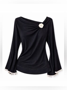 Vintage Y2K Black Knit Top MP Flared Sleeves Rosette Flower Balletcore Soft Girl